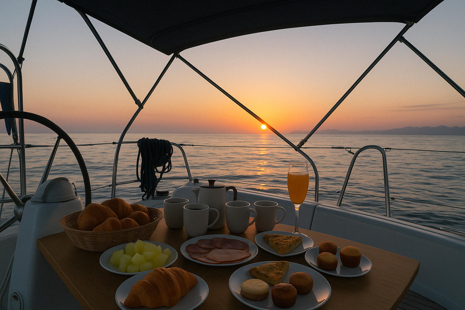 French brunch spread on a private sailboat at dawn in Barcelona